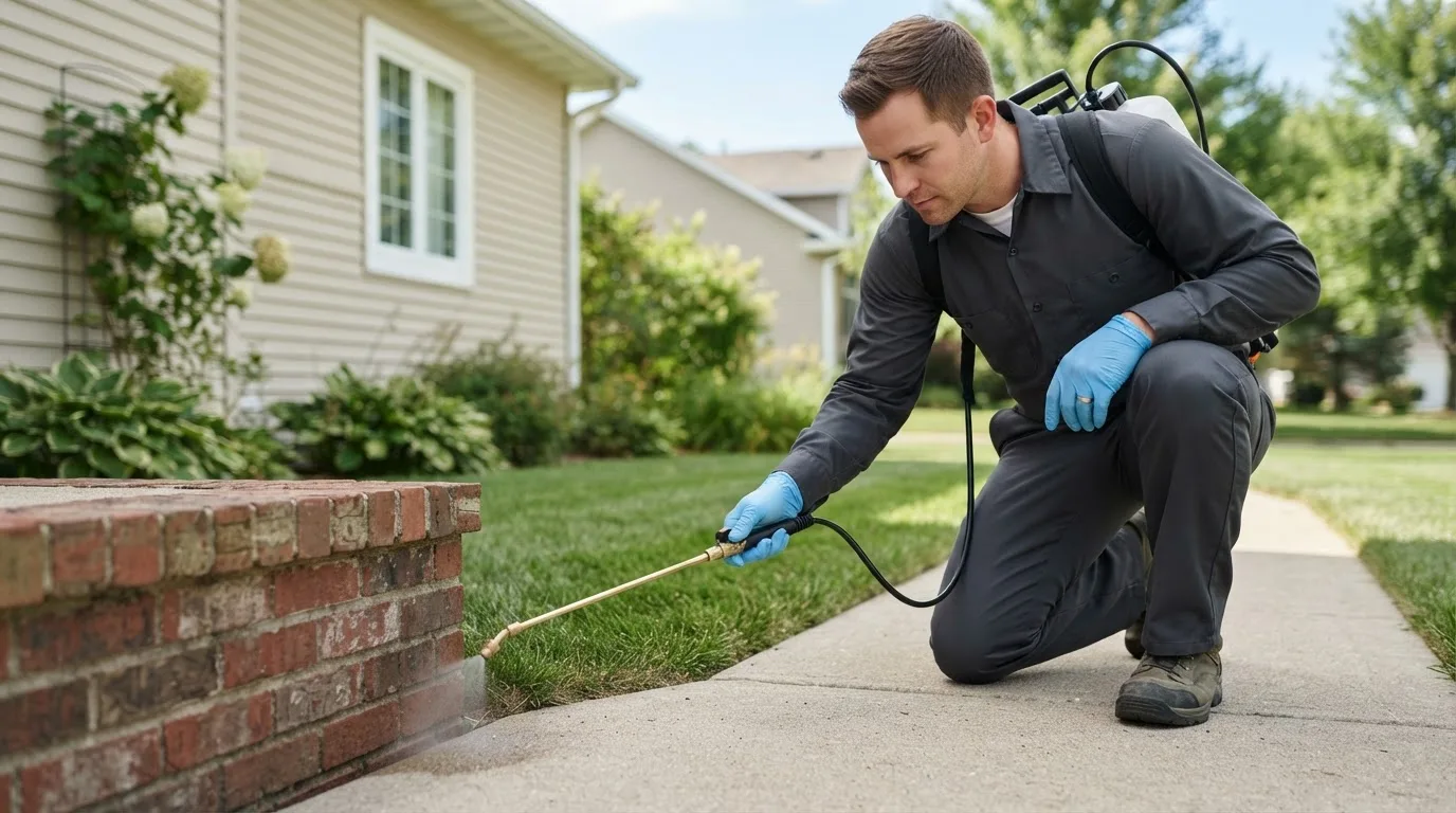 Pest control technician treating a home near Greenwood, ME