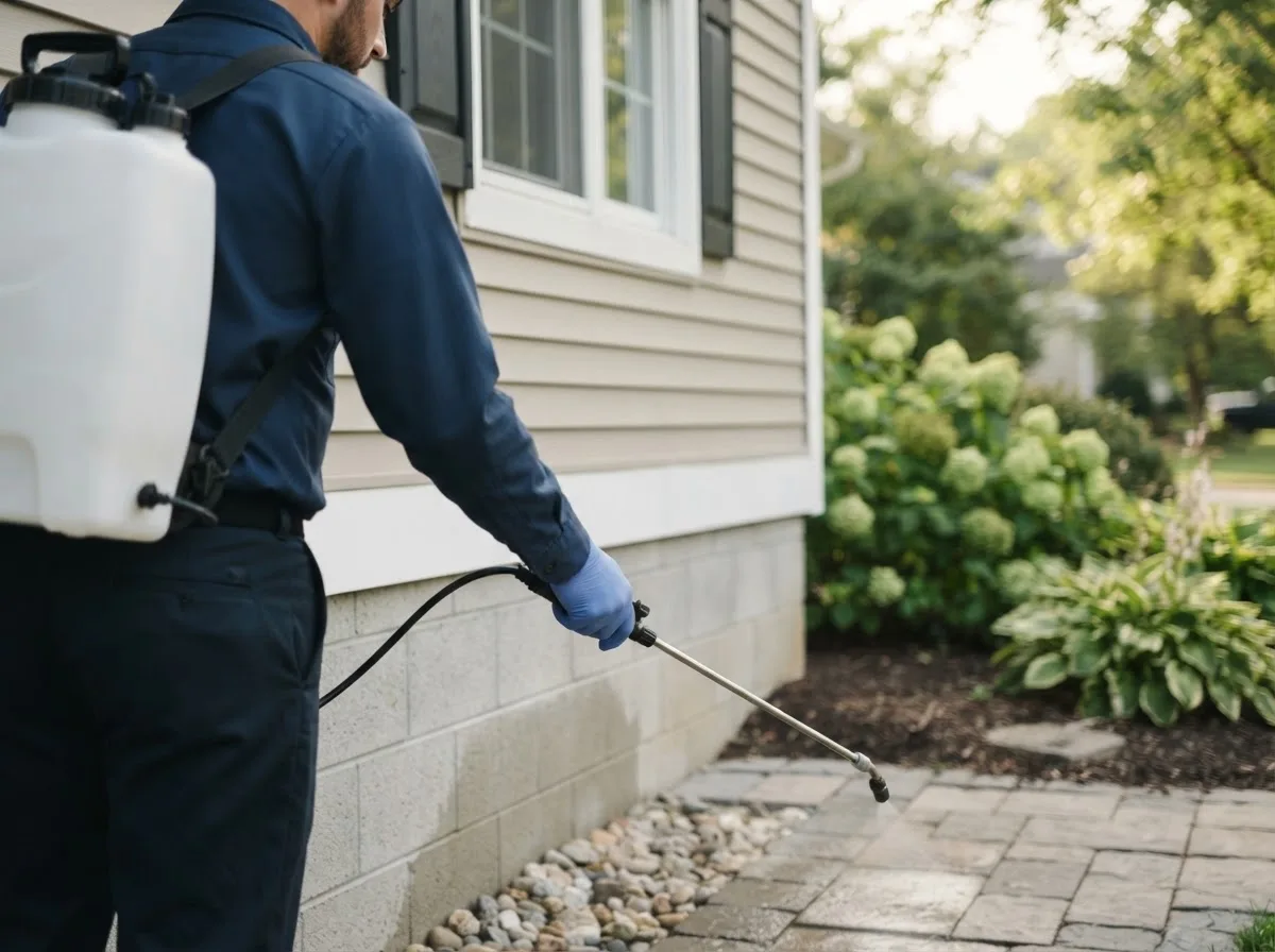 Pest control technician inspecting a home in Greenwood, ME